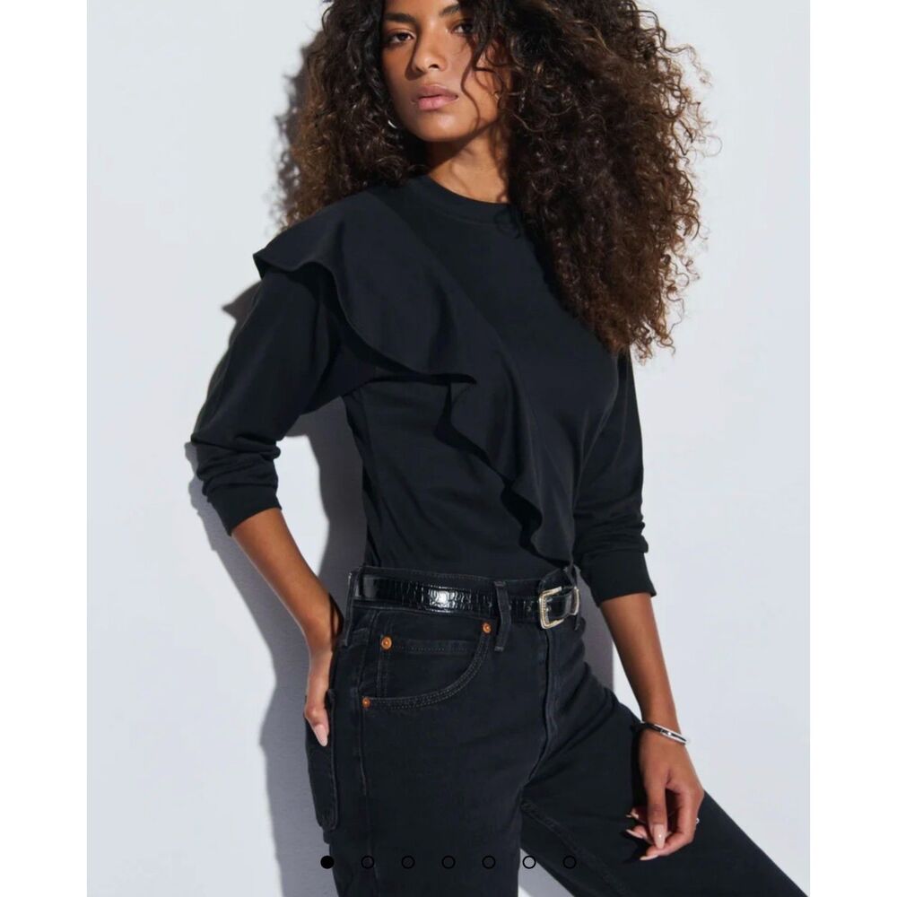 NATION Farrah Asymmetrical Ruffle Top, Jet Black, Sz XS